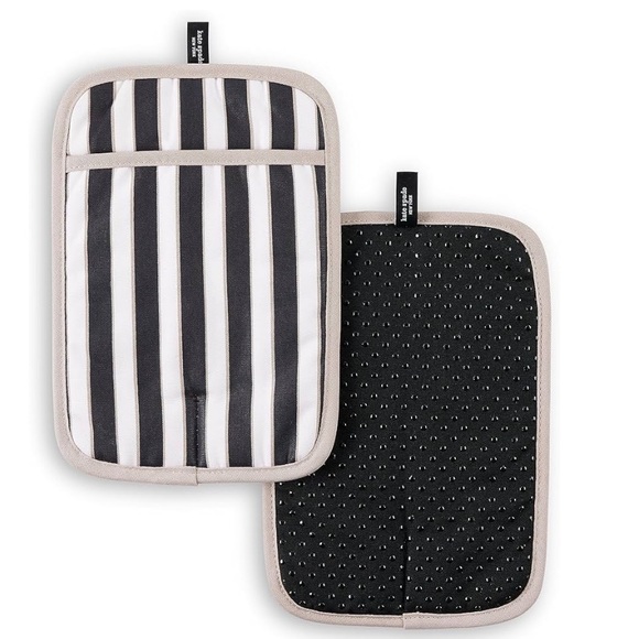 Kate Spade New York Botanical Striped Pot Holders Set of 2, 7” x 10” Black/Beige - Picture 7 of 7